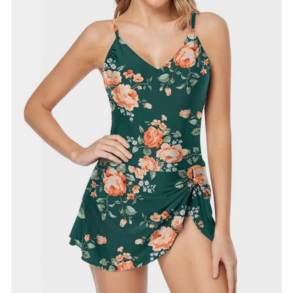 Viral tik tok floral skirt swim dress romper aqua cute modest suit large 8/10